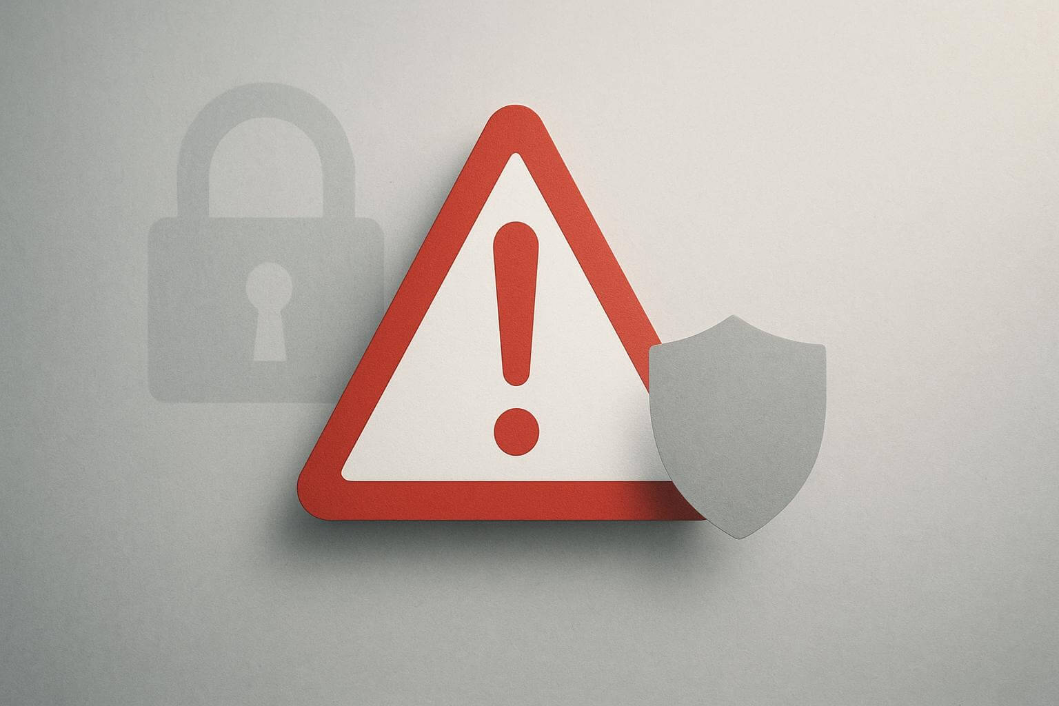 A red and white warning triangle with an exclamation mark, a gray shield, and a faint padlock symbol in the background.