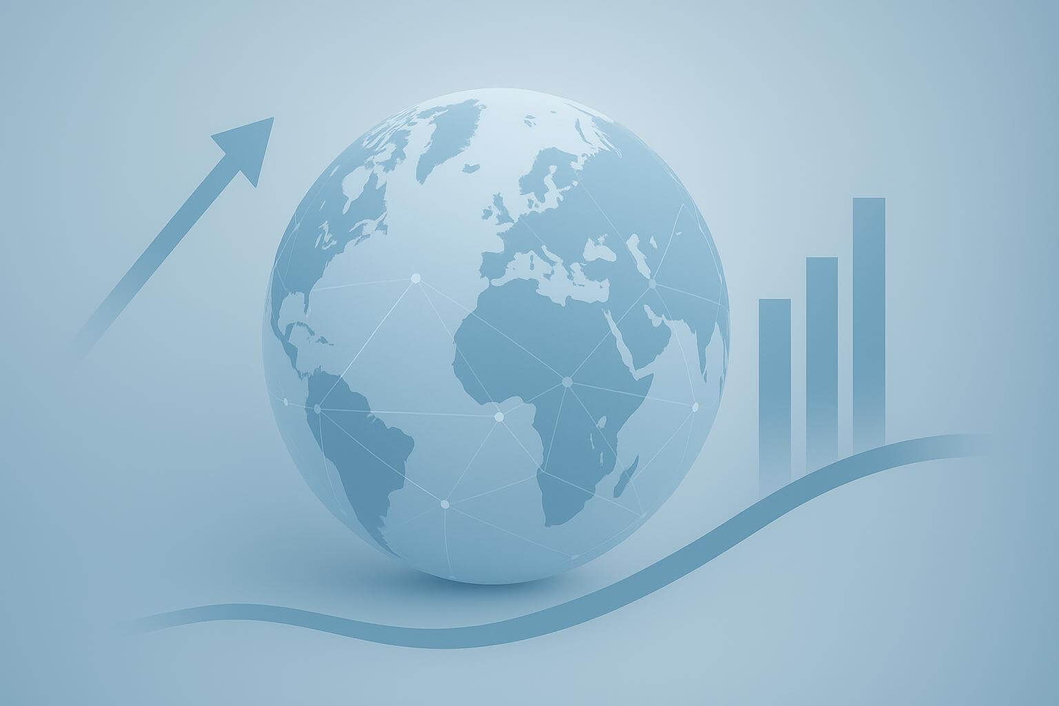 A translucent globe with network lines is shown alongside a rising arrow and ascending bar graph.