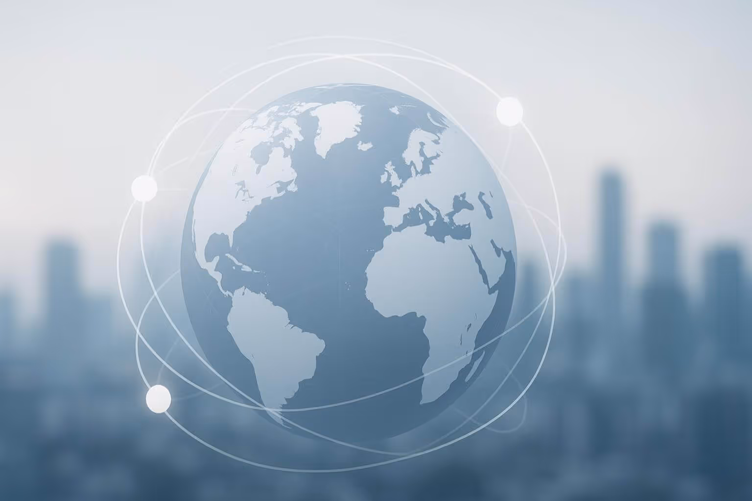 A stylized globe with connecting lines and glowing points appears in front of a blurred city skyline.