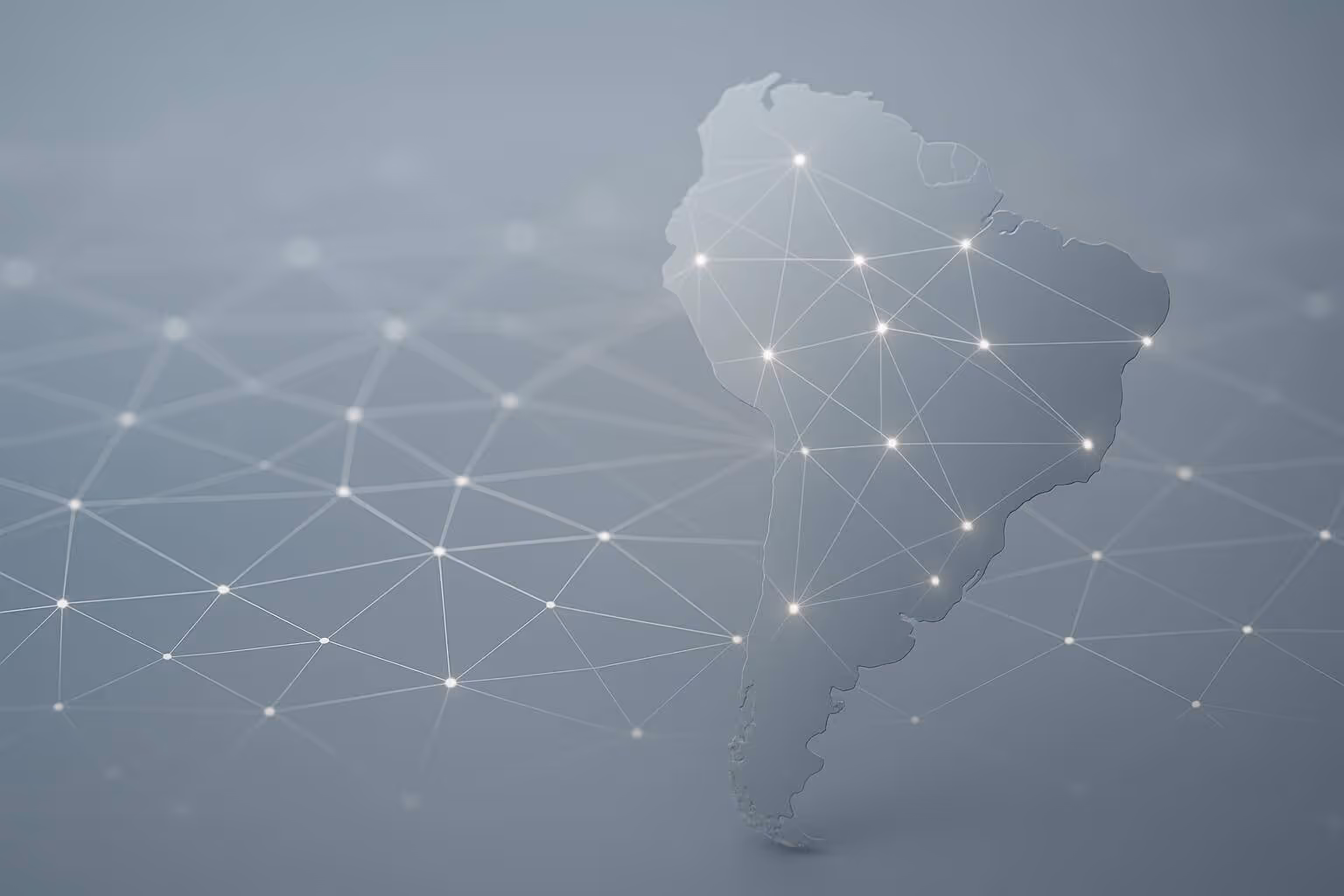 A translucent map of South America with glowing points connected by lines on a gray background.