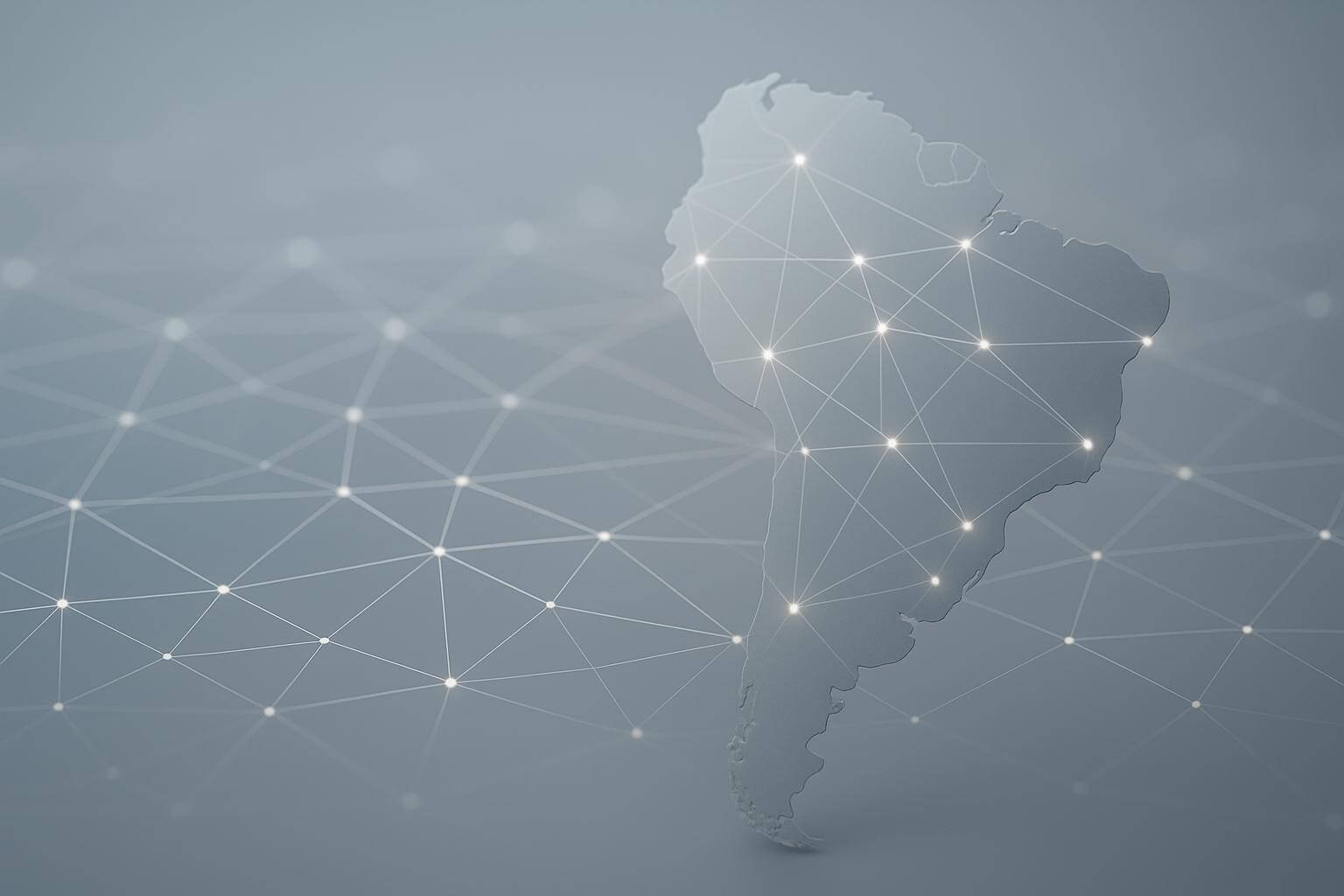 A translucent map of South America with glowing points connected by lines on a gray background.