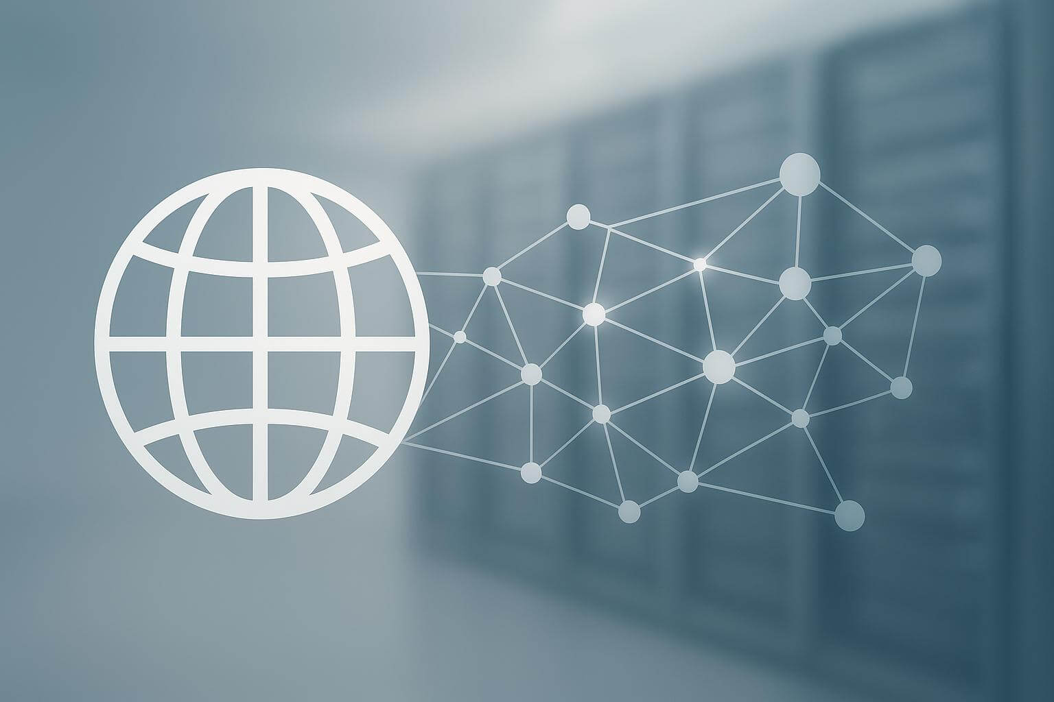 A translucent globe icon and a connected network of nodes are overlaid on a blurred background with vertical shapes.