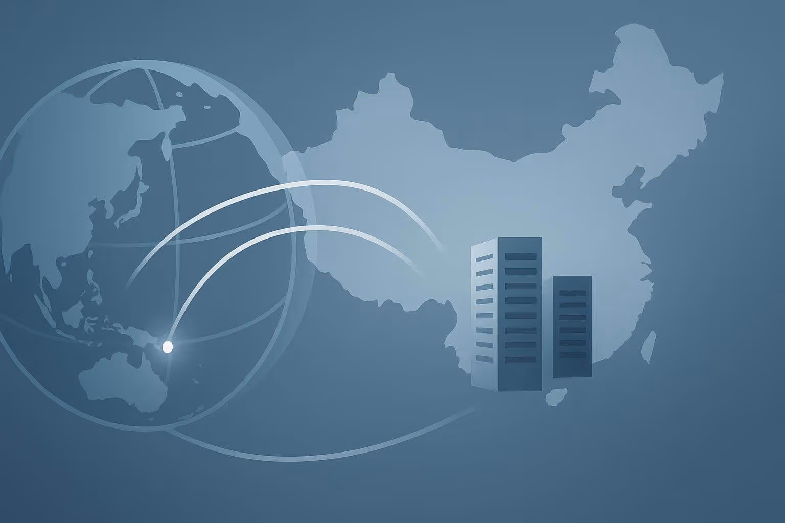 A stylized map shows curved lines connecting a glowing point to a map outline with two rectangular buildings.