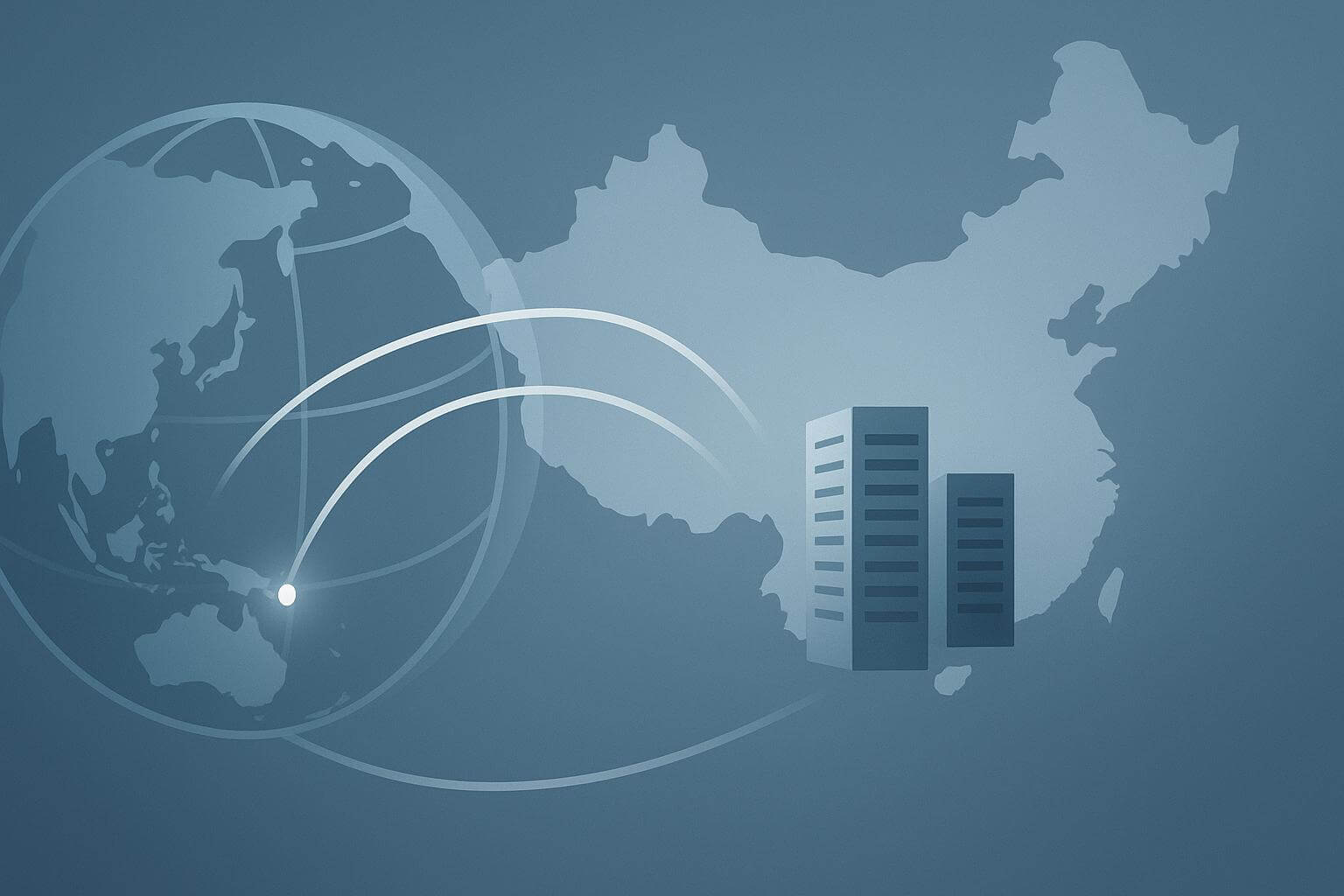 A stylized map shows curved lines connecting a glowing point to a map outline with two rectangular buildings.