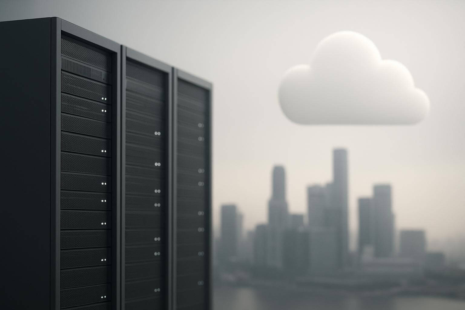 Three black server racks are shown on the left, with a white cloud icon above a blurred city skyline.