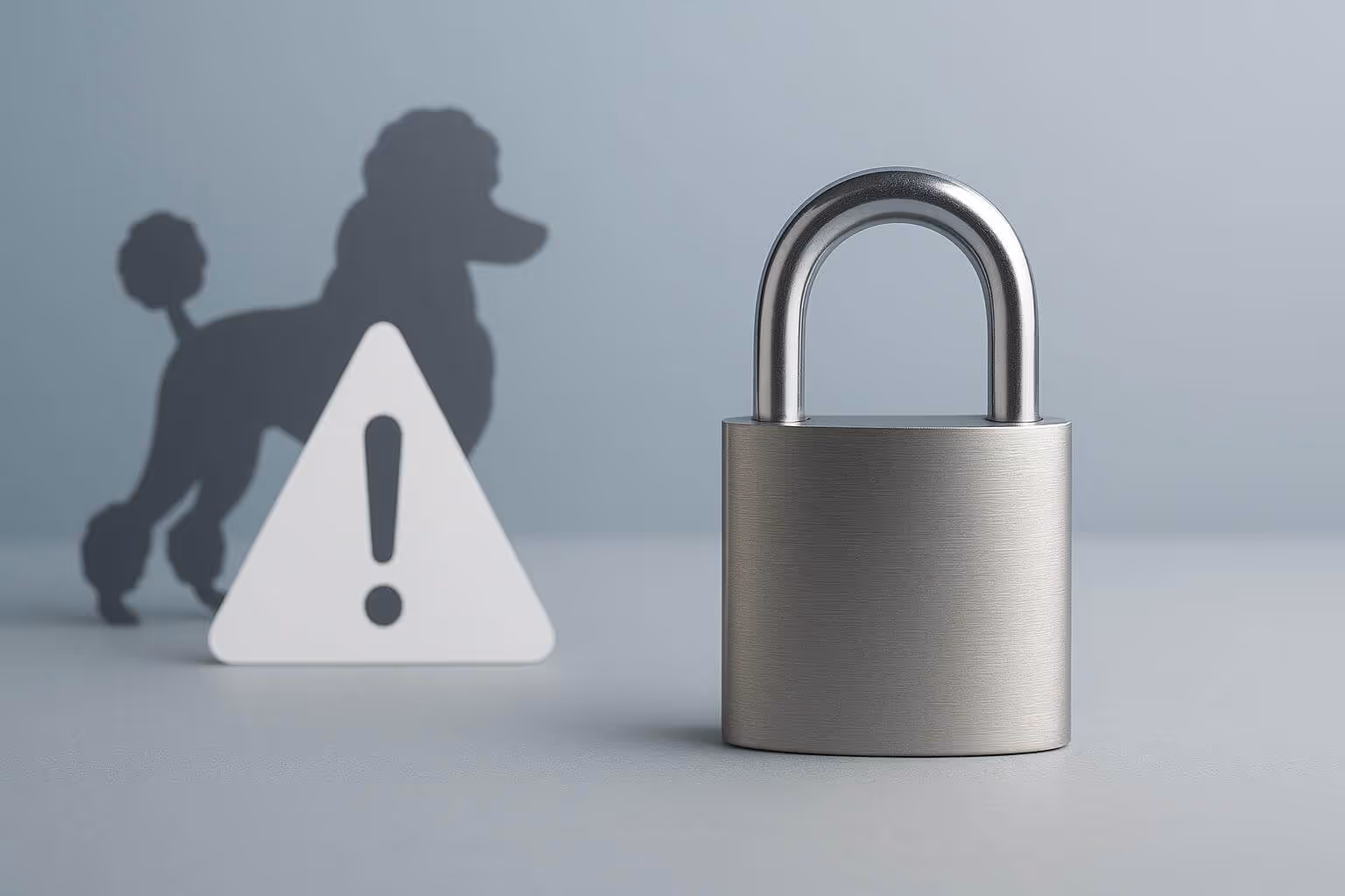 A metal padlock stands in front of a triangular warning sign and the silhouette of a poodle.