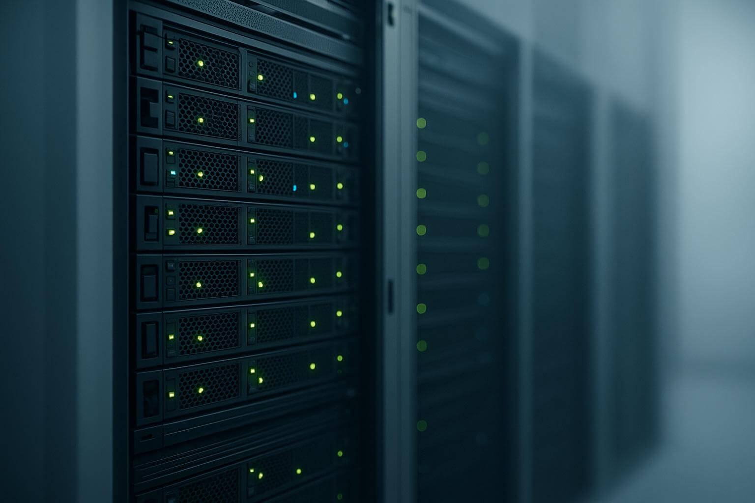 Rows of server racks with illuminated green and blue indicator lights in a dimly lit environment.