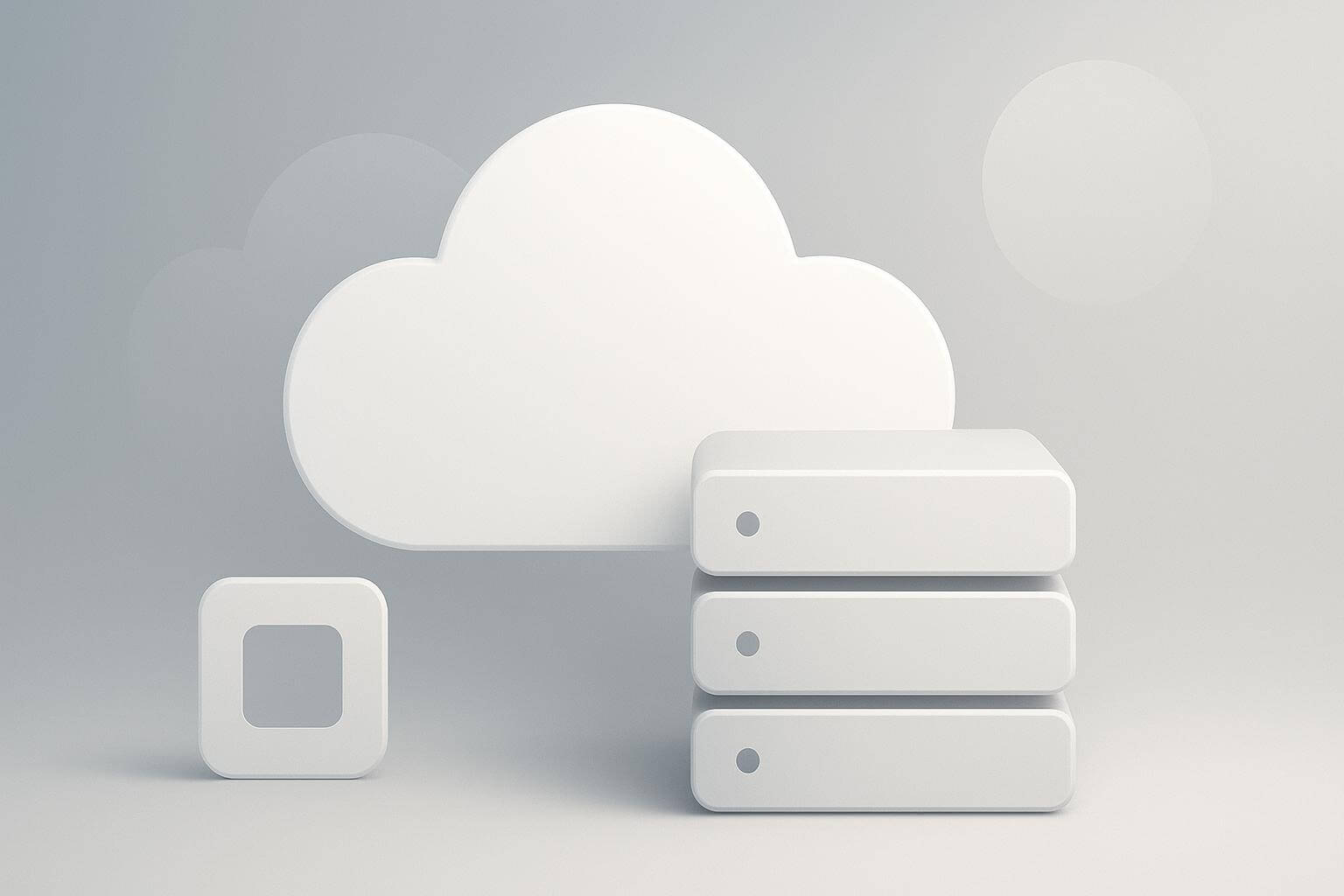 A minimalist illustration shows a large white cloud, three stacked rectangular blocks, and a square with rounded edges.