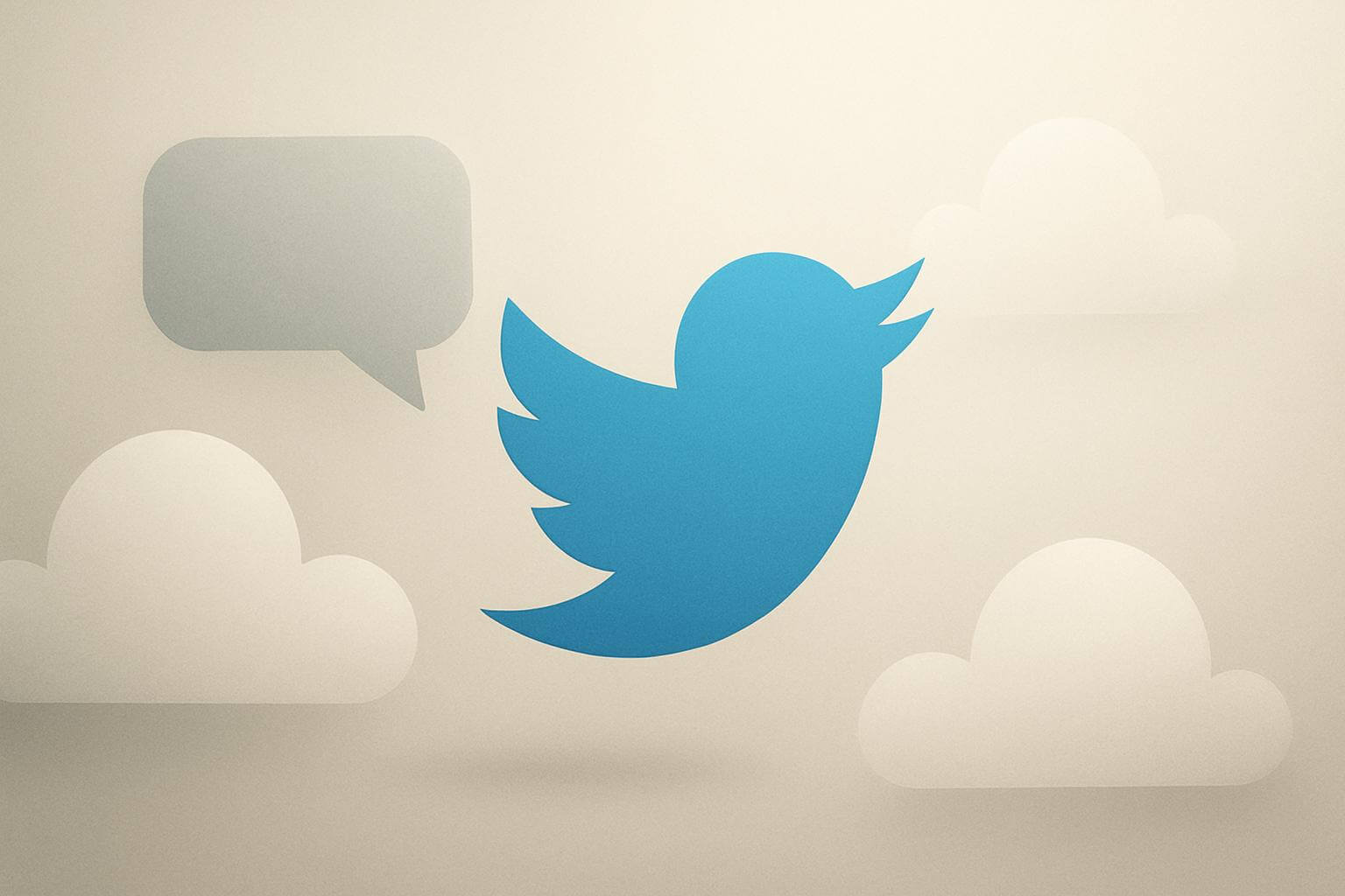 A large blue bird silhouette is surrounded by white cloud shapes and a gray speech bubble on a beige background.