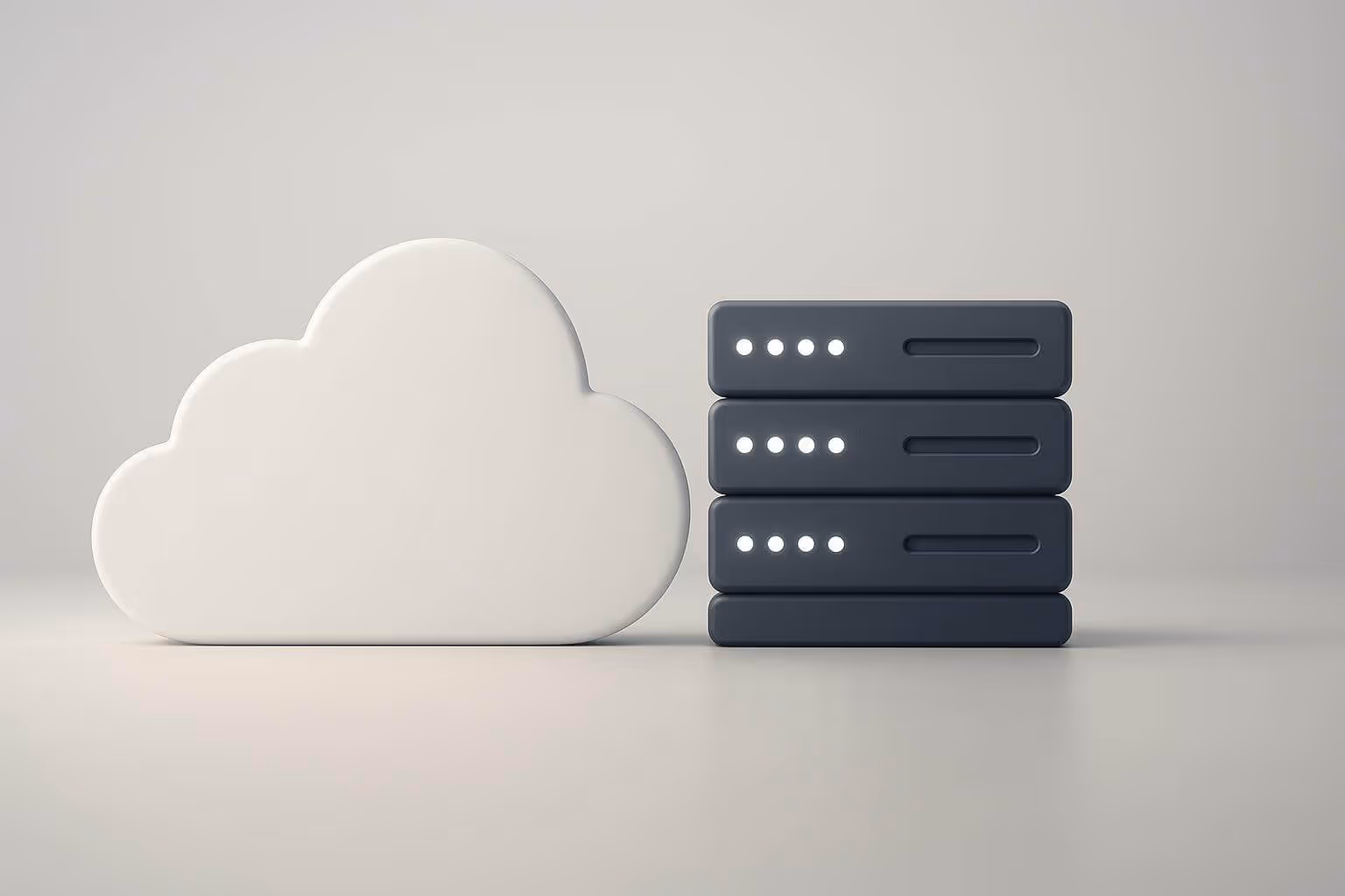 A white cloud shape stands next to three stacked dark server units with illuminated indicator lights.