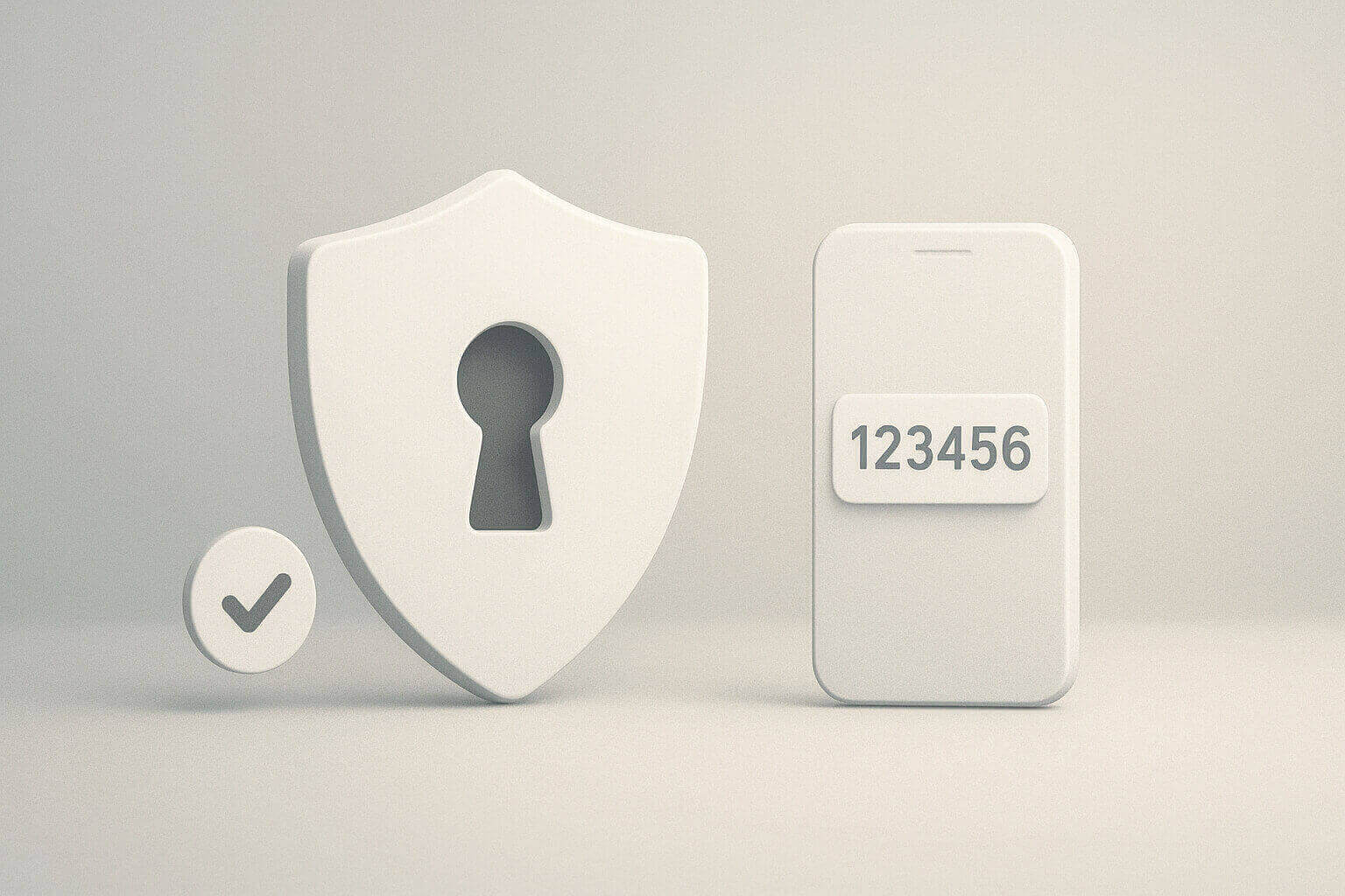 A white shield with a keyhole, a checkmark in a circle, and a smartphone displaying the number 123456.