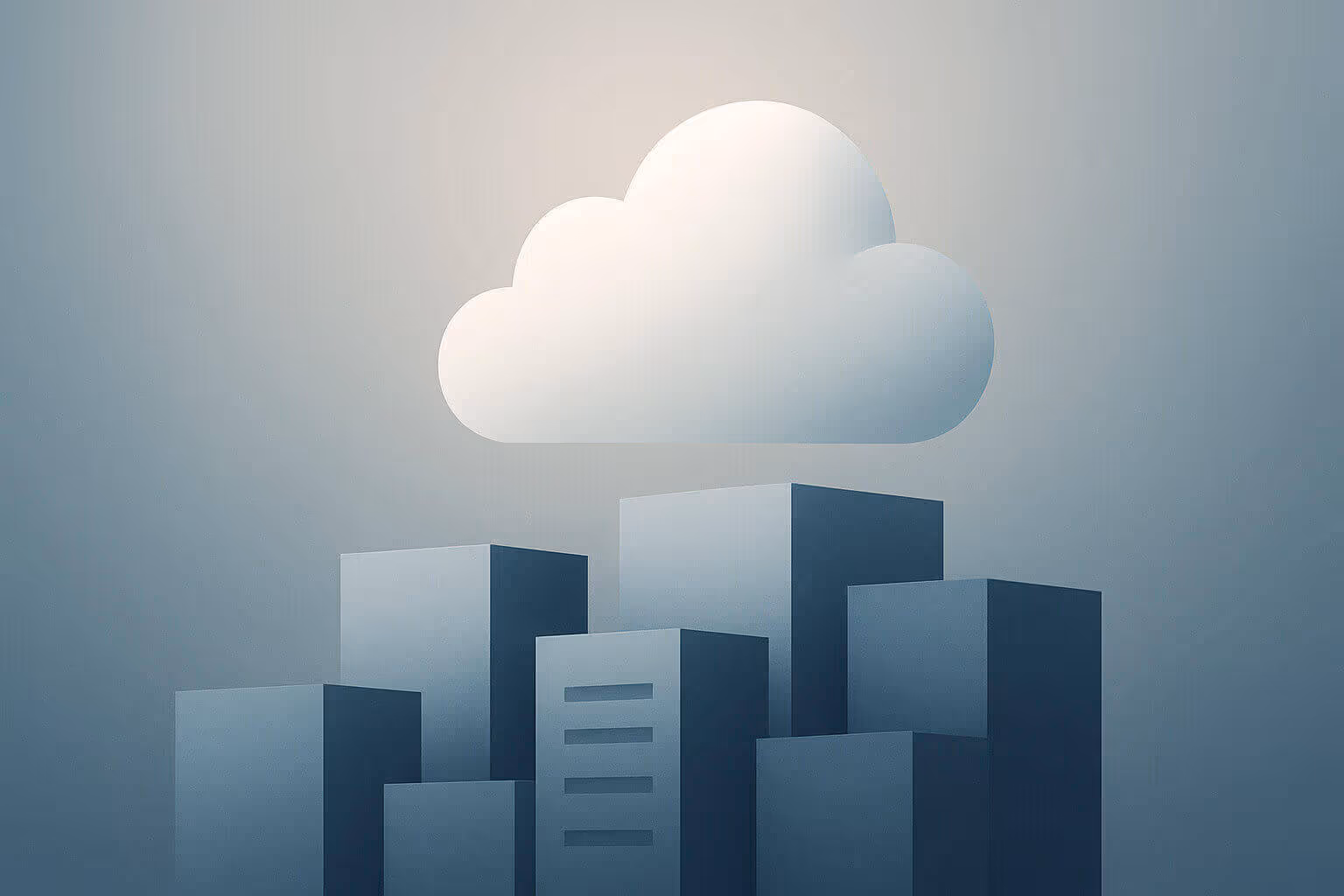 A large white cloud shape floats above a group of simple blue-grey rectangular buildings.