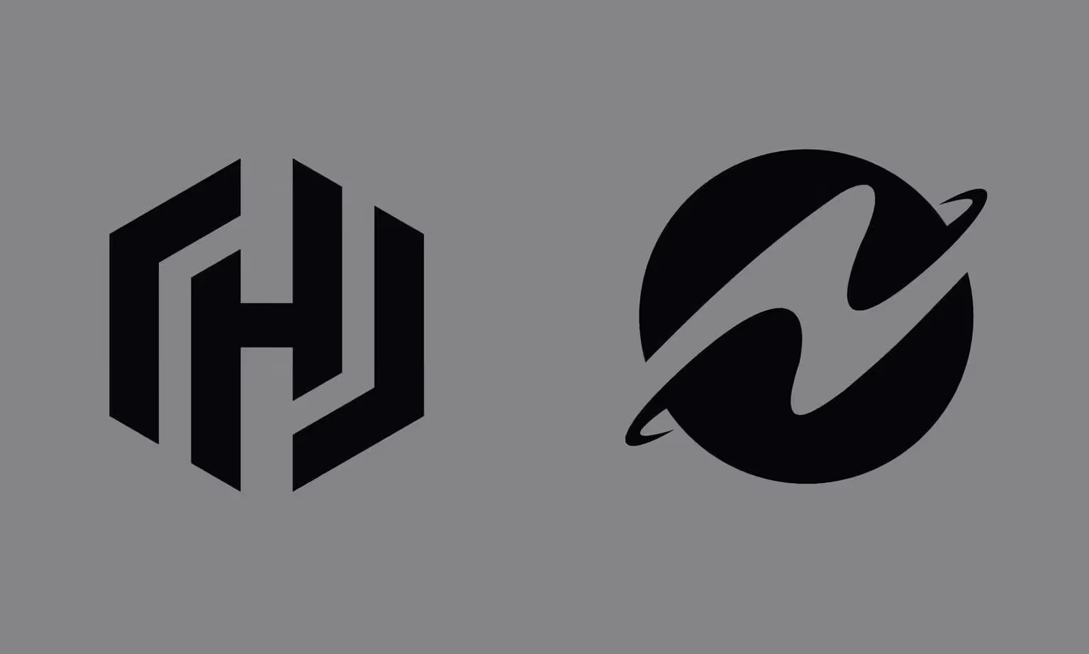 Two bold black abstract logos are side by side on a plain gray background.