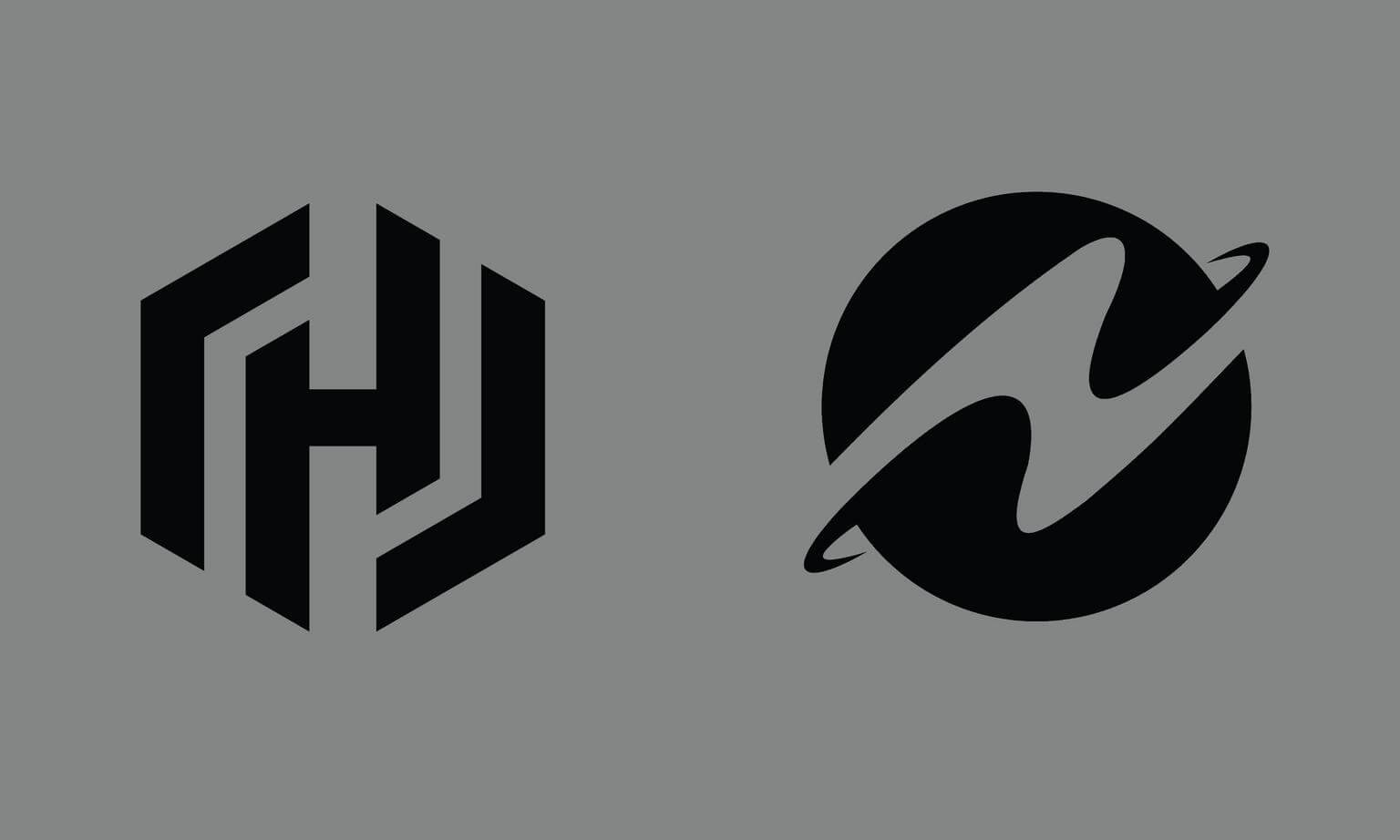 Two bold black abstract logos are side by side on a plain gray background.