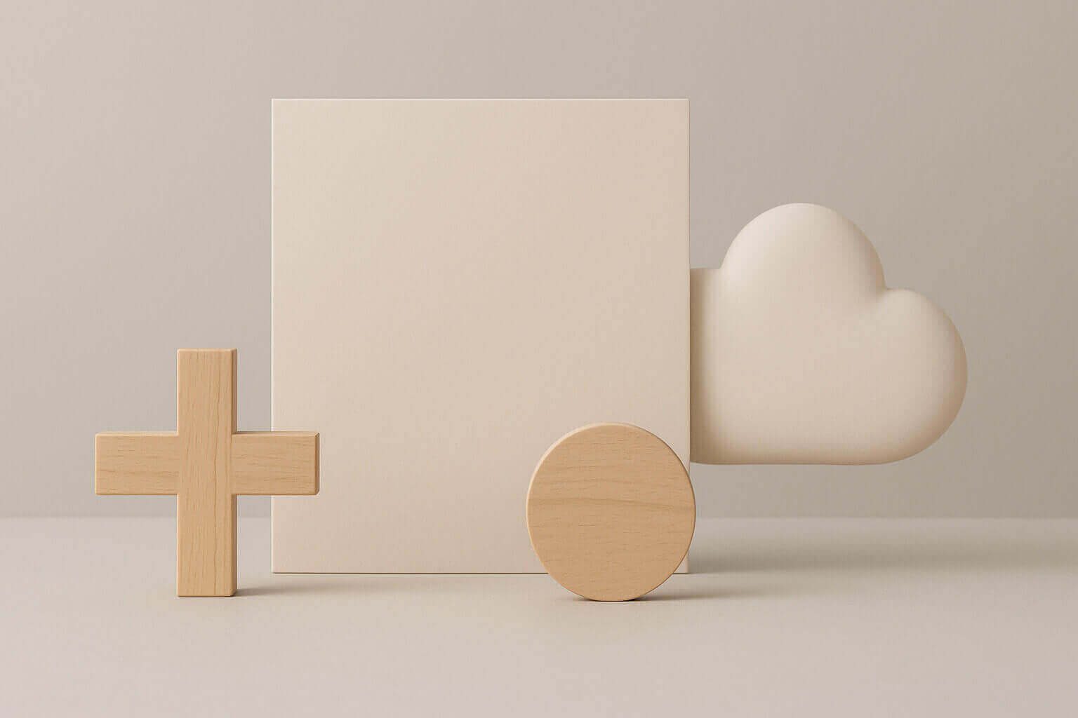 A wooden plus sign, a round disk, a square panel, and a cloud shape are arranged against a neutral background.
