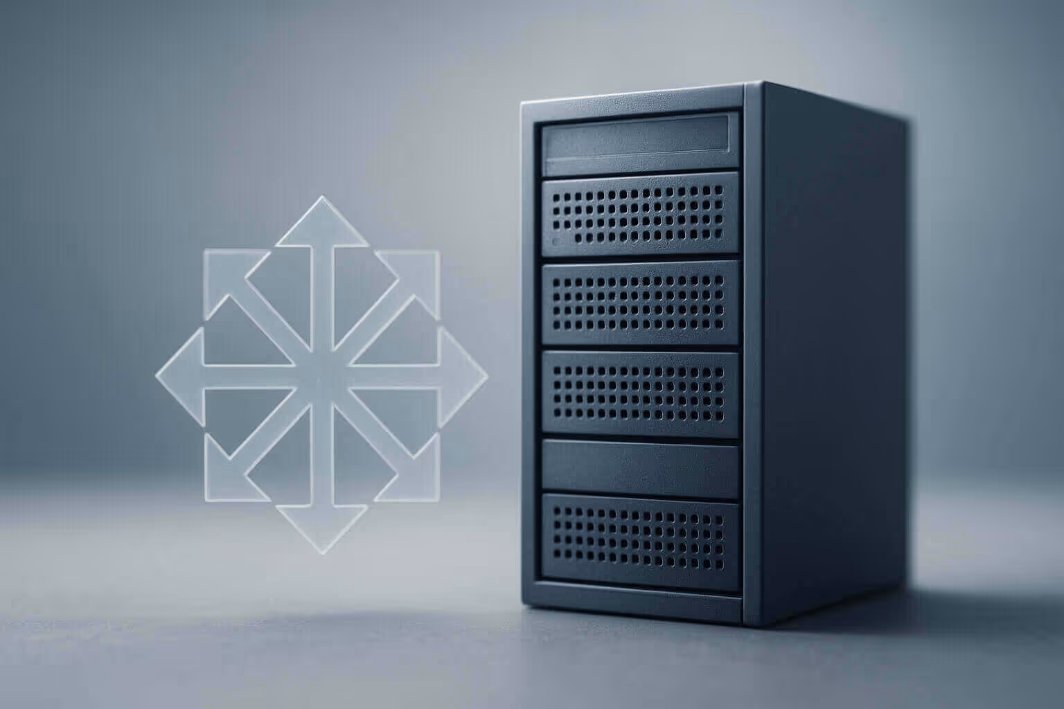 A dark computer server tower sits next to a translucent geometric shape with arrows on a neutral background.