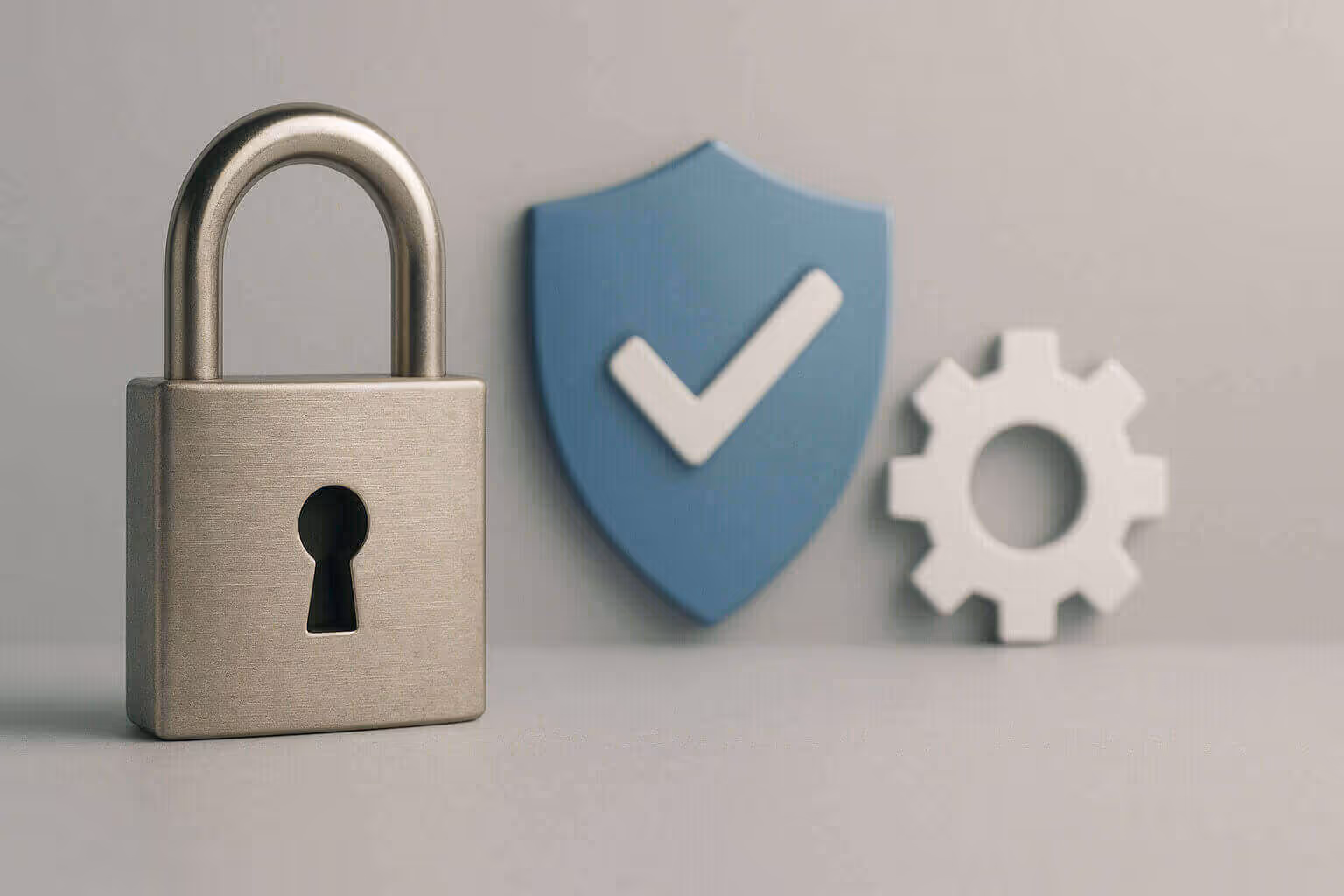 A metal padlock in front of a blue shield with a check mark and a white gear symbol on a gray background.