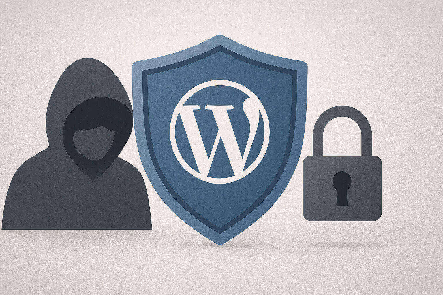A hooded figure, a shield with a large "W," and a padlock icon are arranged side by side on a plain background.