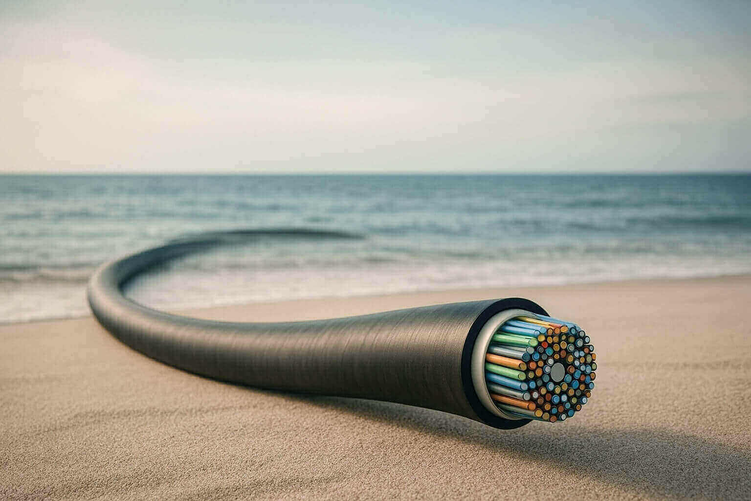 A thick cable with colorful inner wires lies on a sandy beach near the edge of the water.