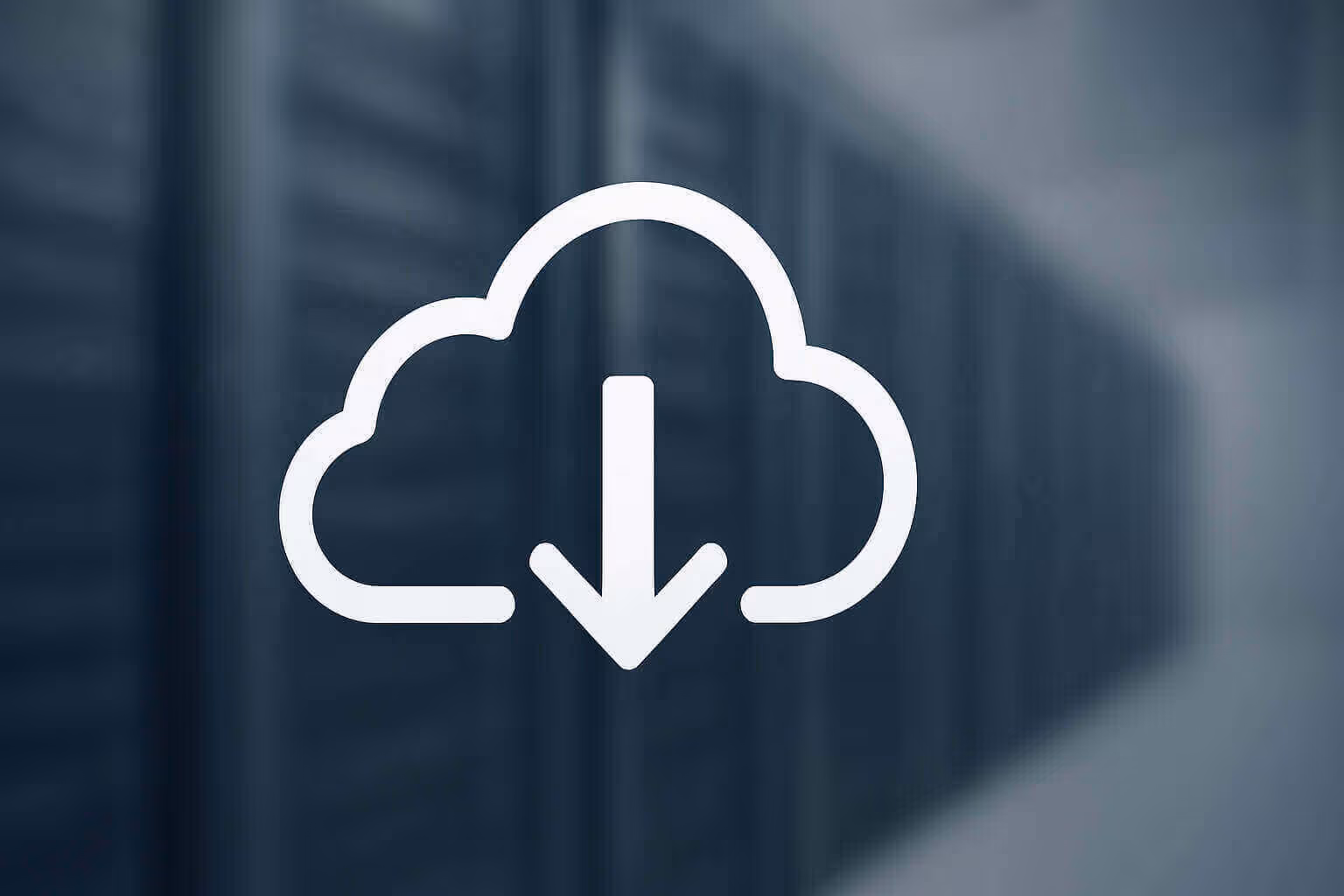 A white cloud icon with a downward arrow is centered over a blurred background of dark vertical panels.