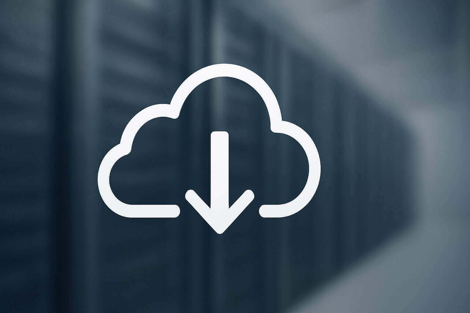 A white cloud icon with a downward arrow is centered over a blurred background of dark vertical panels.