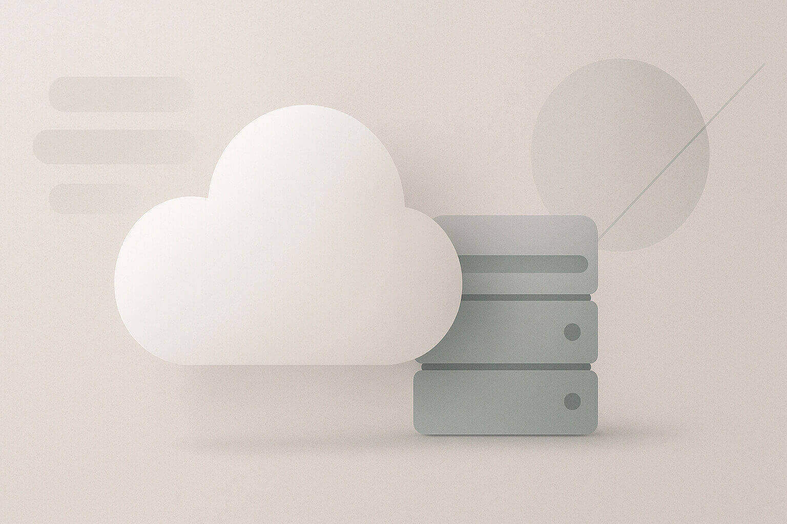 A large white cloud shape overlaps two rectangular shapes resembling server units on a beige background.