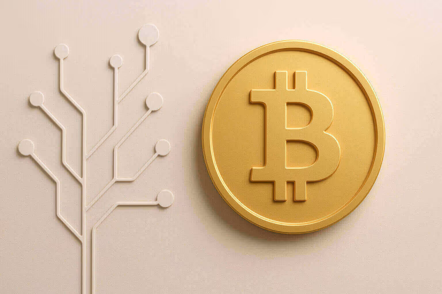 A gold coin with a large B symbol is shown next to a white, circuit-like tree design on a beige background.