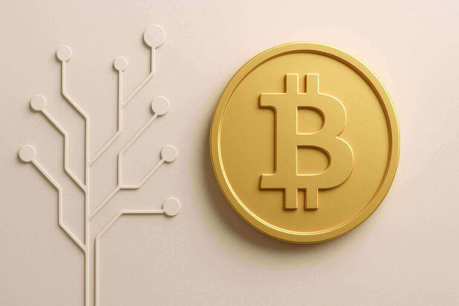 A gold coin with a large B symbol is shown next to a white, circuit-like tree design on a beige background.