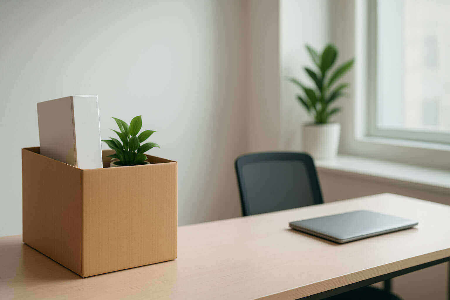 A cardboard box with a potted plant and a binder sits on a desk next to a closed laptop and chair.