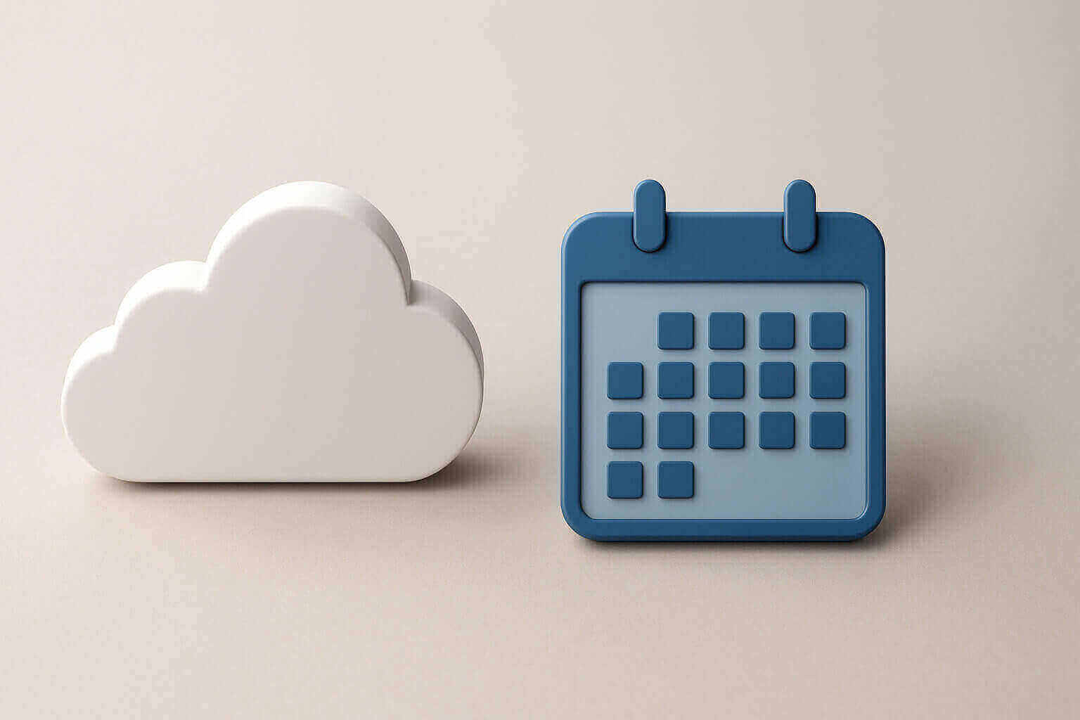 A white cloud shape stands next to a blue and light blue calendar icon on a light background.