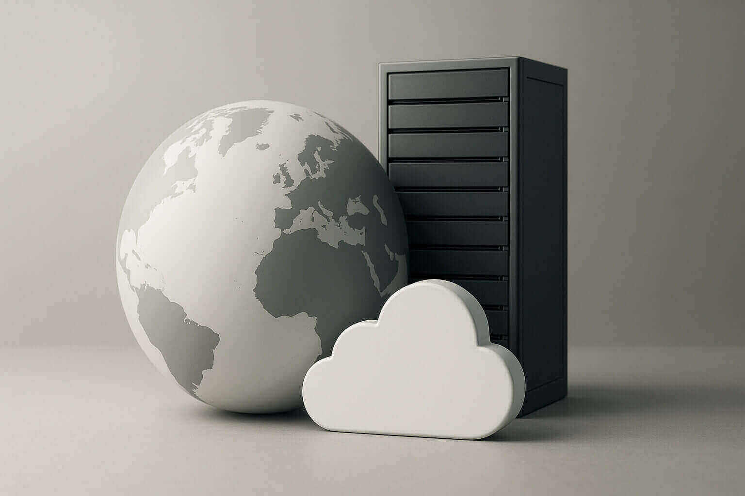 A globe, a dark server tower, and a white cloud-shaped object arranged together on a neutral background.