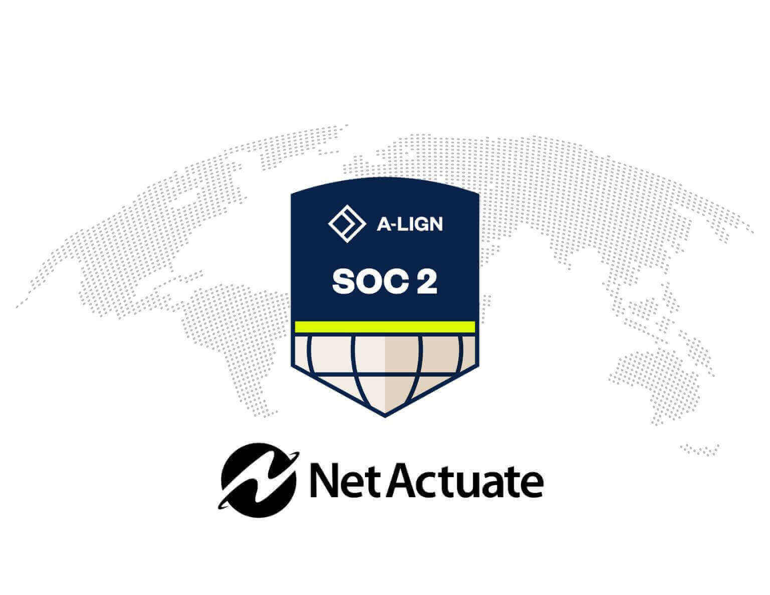 A badge labeled SOC 2 is centered over a dotted world map with the NetActuate logo below.