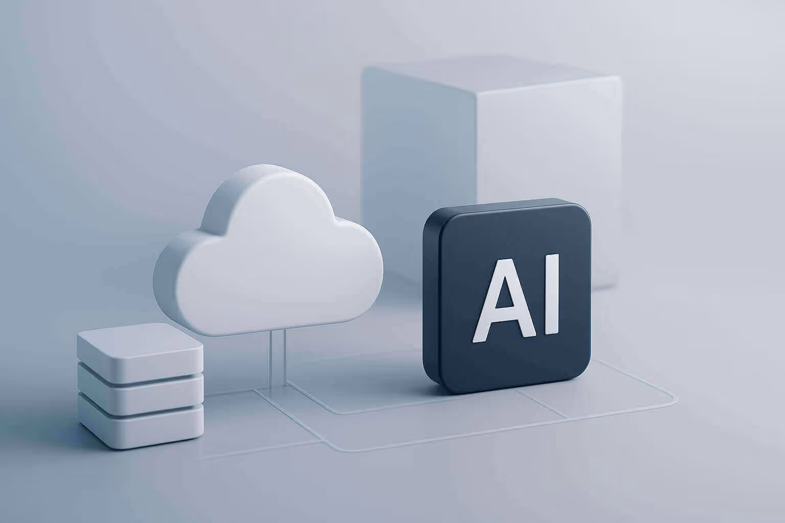 A 3D illustration of a cloud, stacked blocks, and a dark square with the letters AI on it.