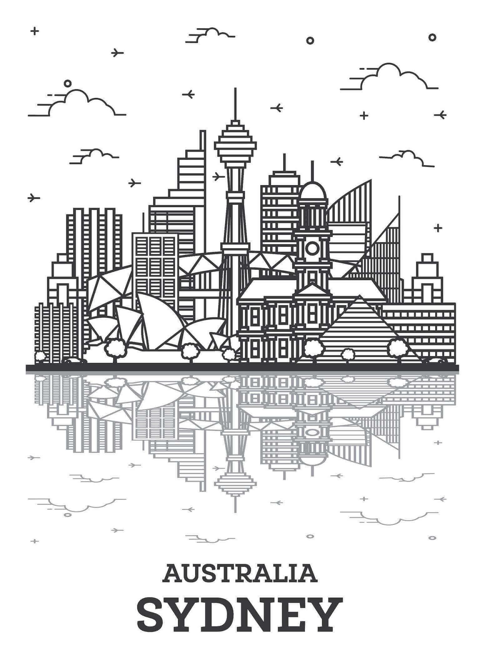 Black and white line drawing of a city skyline with buildings, clouds, birds, and a water reflection.