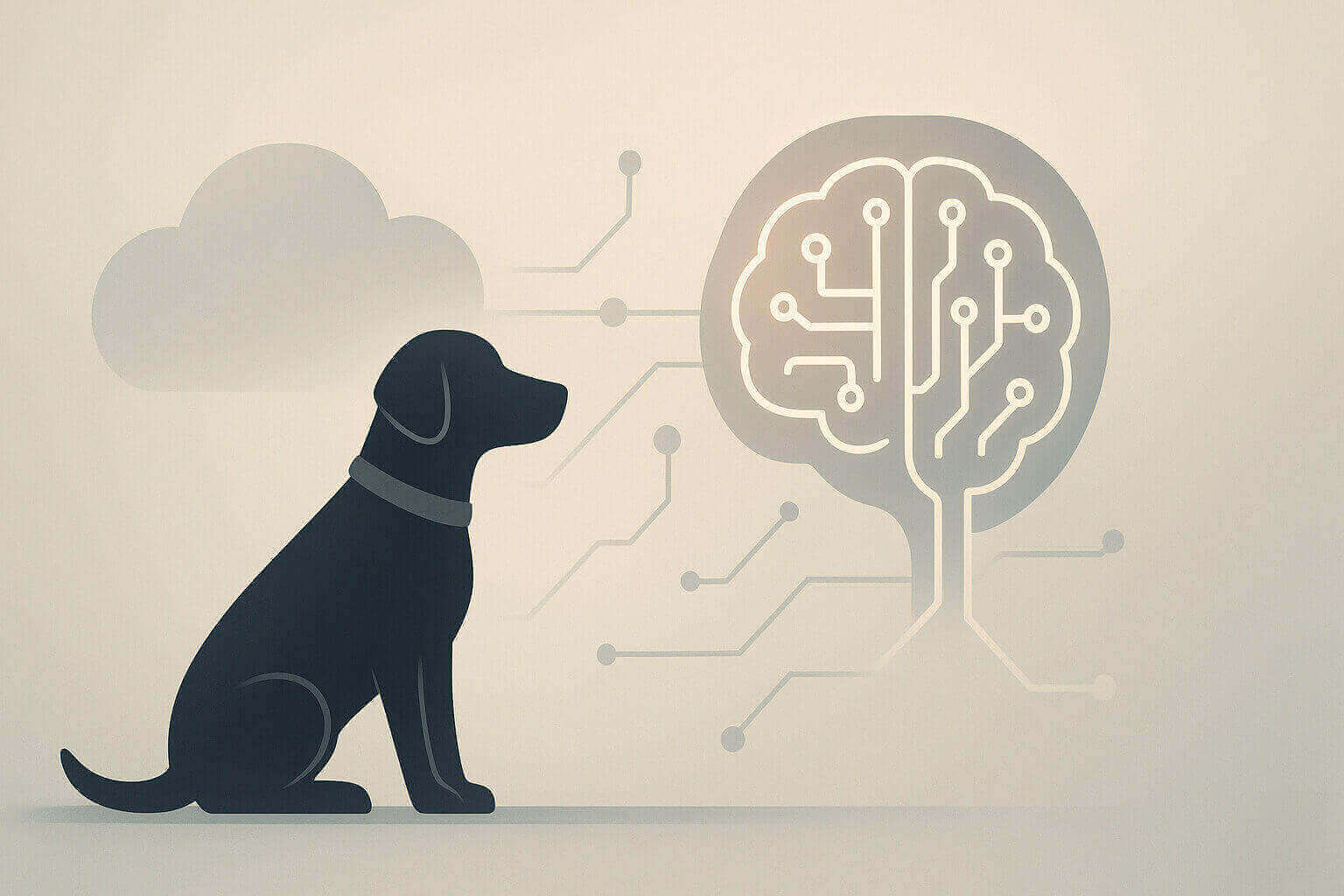 A graphic of a dog wearing a collar facing a stylized brain with circuit-like lines and a cloud shape in the background.