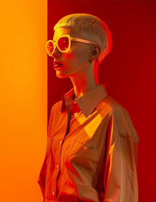 Girl with short hair on orange-red background. 