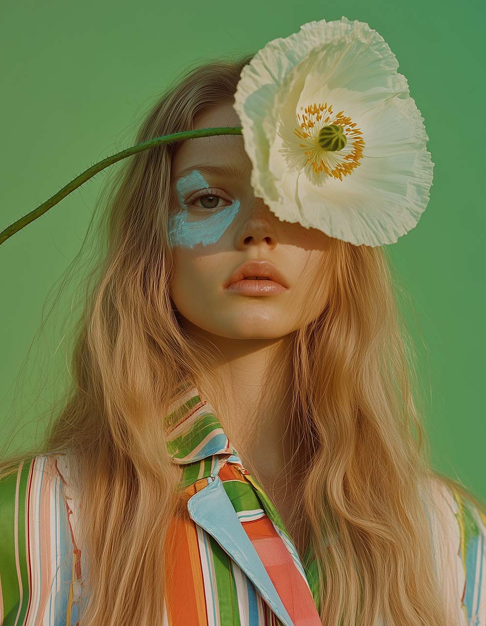 Girls with flower on her face on green background.