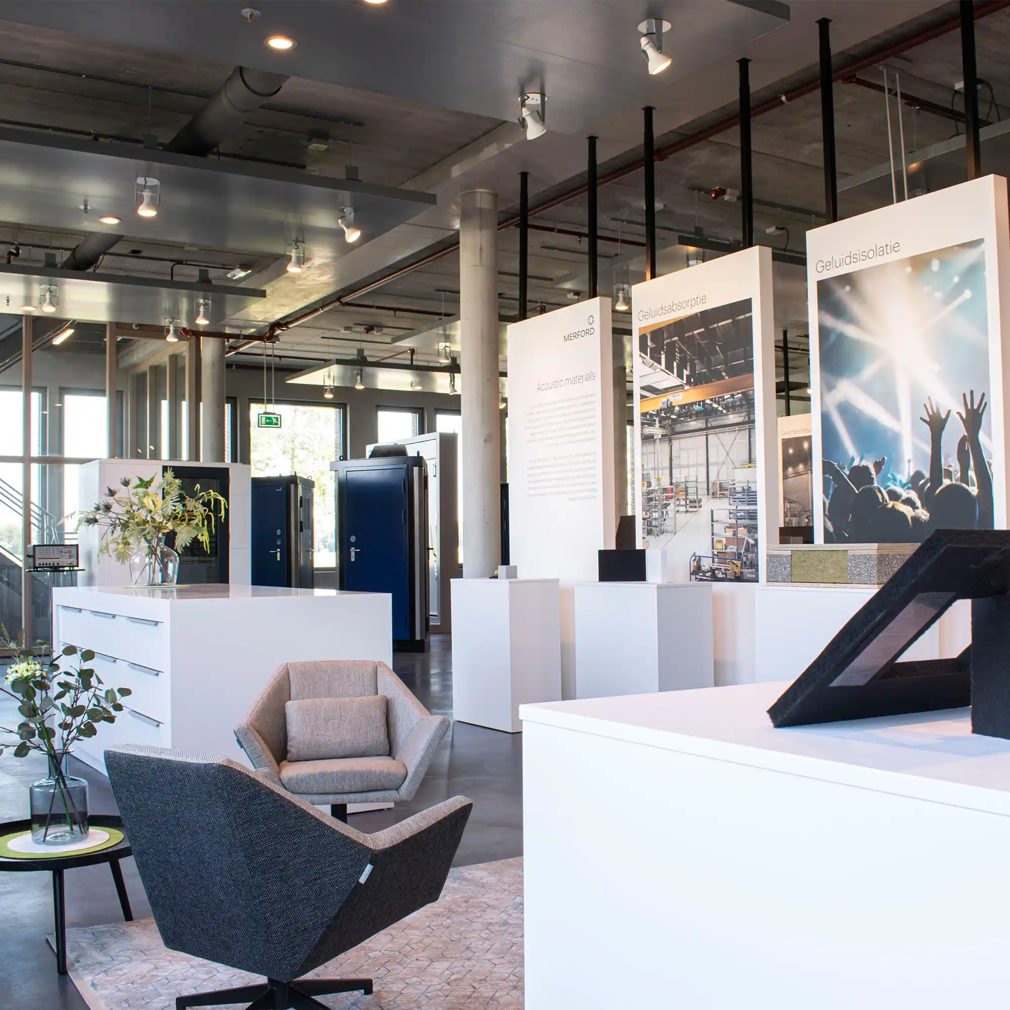 Merford showroom with displays of acoustic materials and sound insulation solutions.