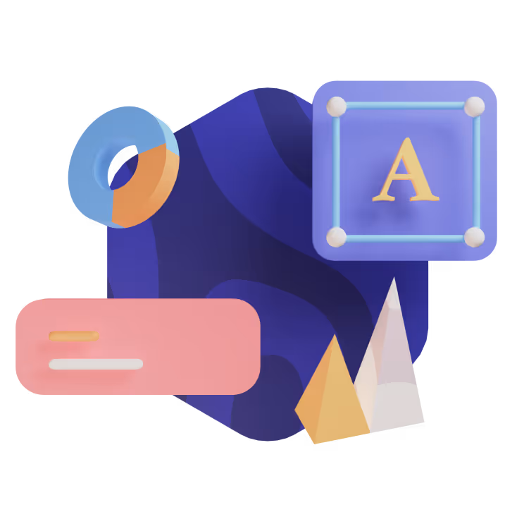 Illustration supersized typography with blue platform, geometric shapes, and text icons.