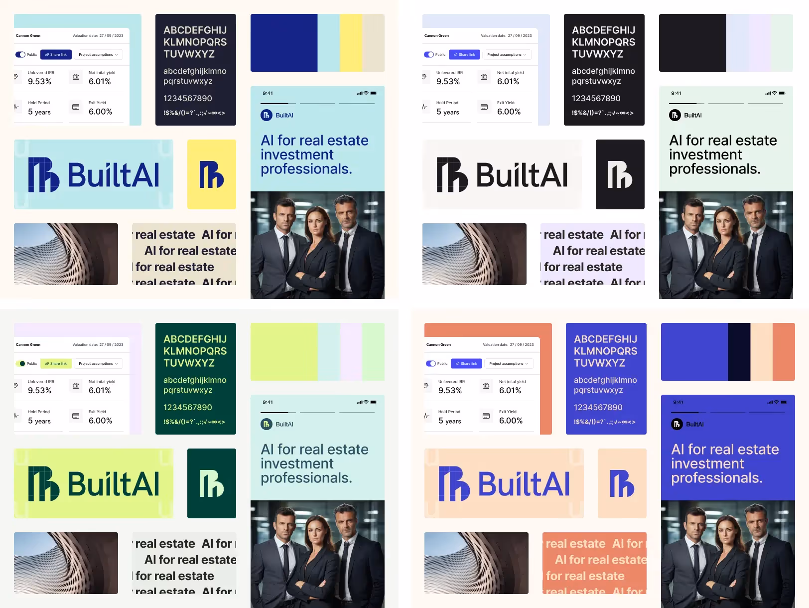 Branding materials represent Visual Elements for BuiltAI with logo, typography, and professional imagery