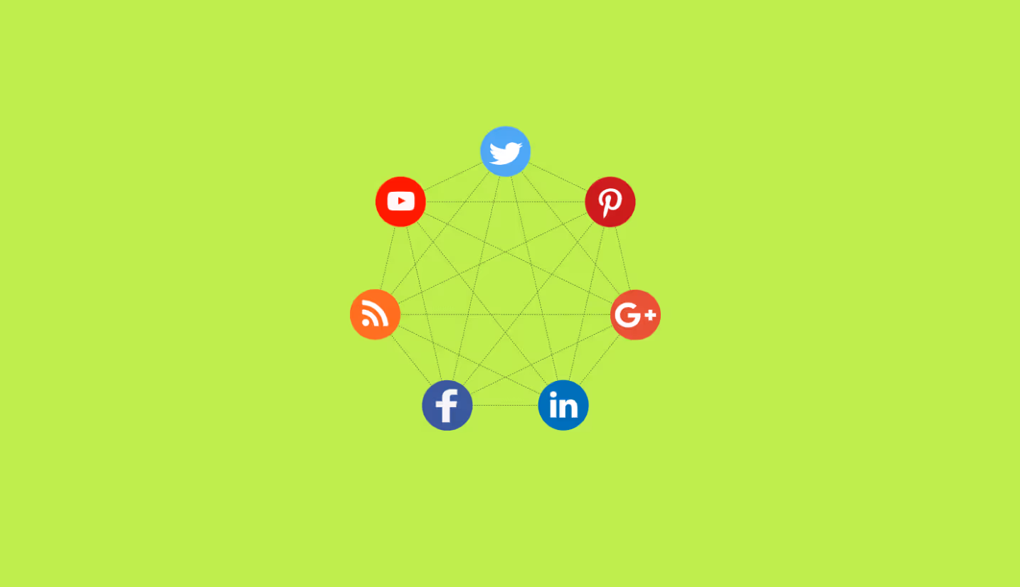 Network of social media icons on a green background.