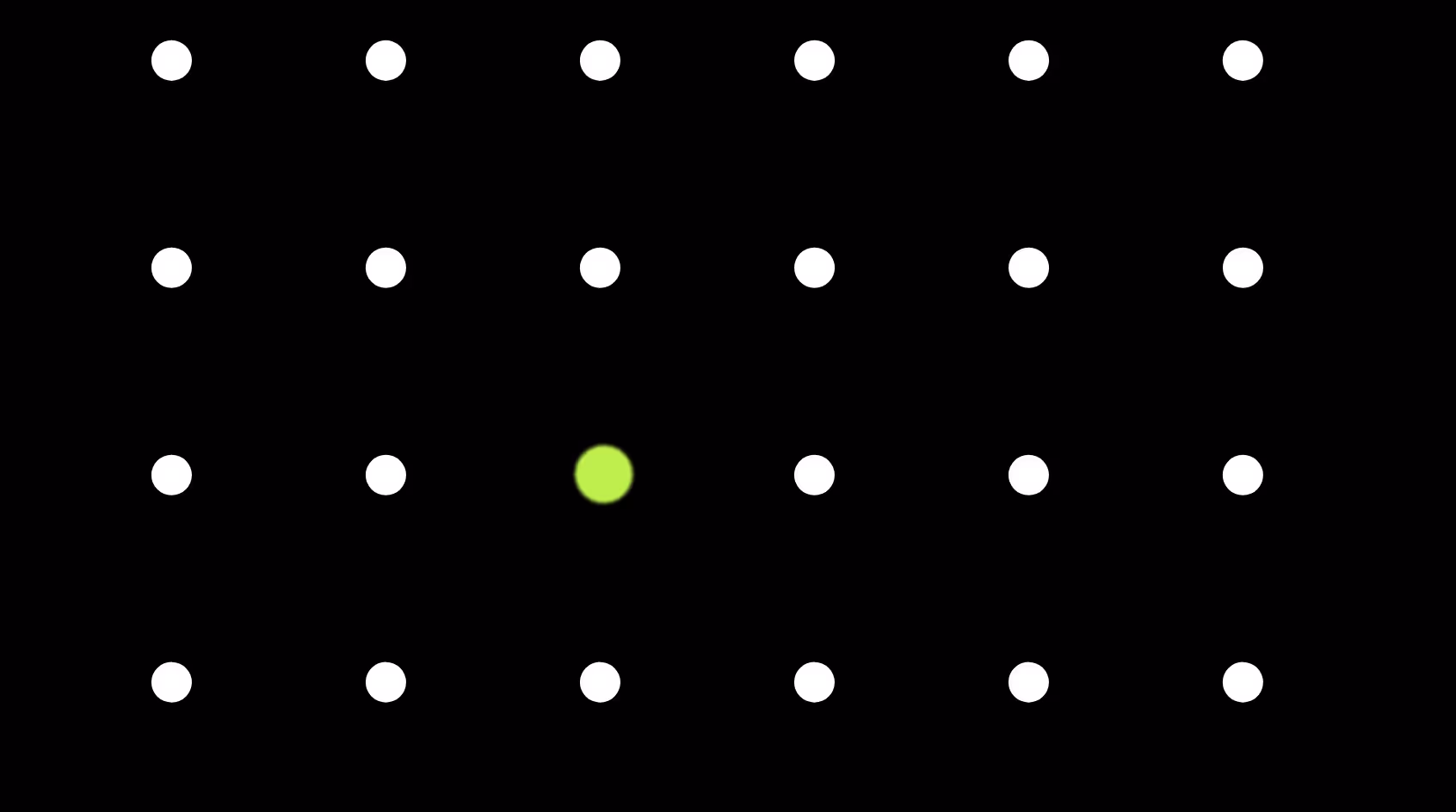 Grid of white dots on a black background with one green dot standing out in the center.