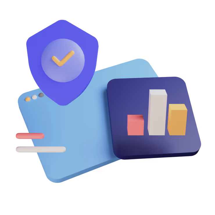 3D illustration featuring a bar chart, a shield with a checkmark, and a web browser window