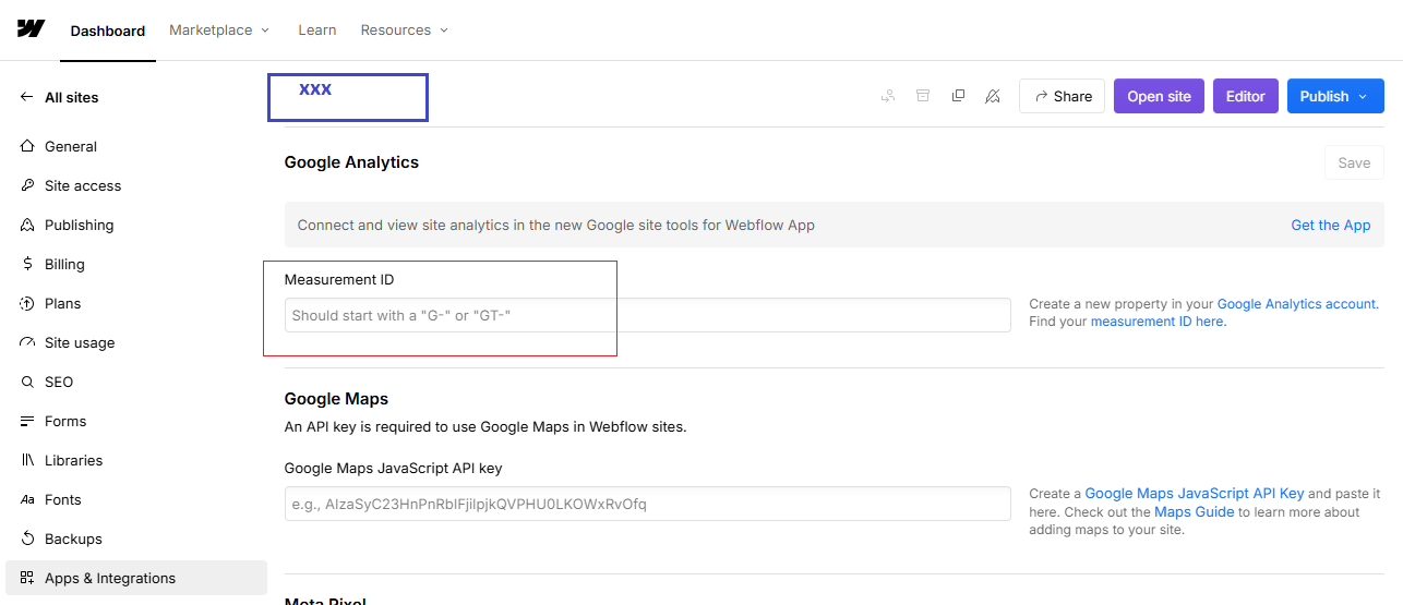 Webflow dashboard showing apps and integration features to set up GA4 with measurement ID