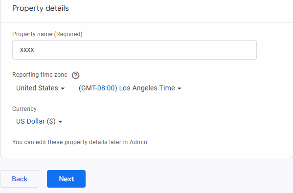 Image showing the property details section of the GA4 account creation process
