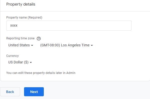 Image showing the property details section of the GA4 account creation process
