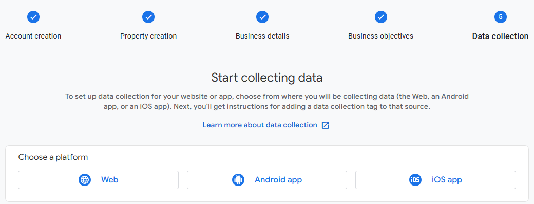 screenshot from google analytics for selecting the platform type