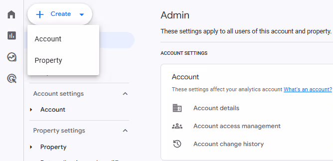 Image if the admin section of an existing GA4 property to create a new account or property.