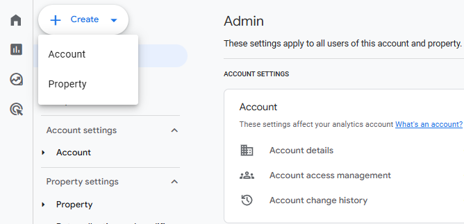 Image if the admin section of an existing GA4 property to create a new account or property.