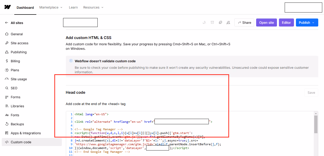 Screenshot from Webflow dashboard showing the custom code option